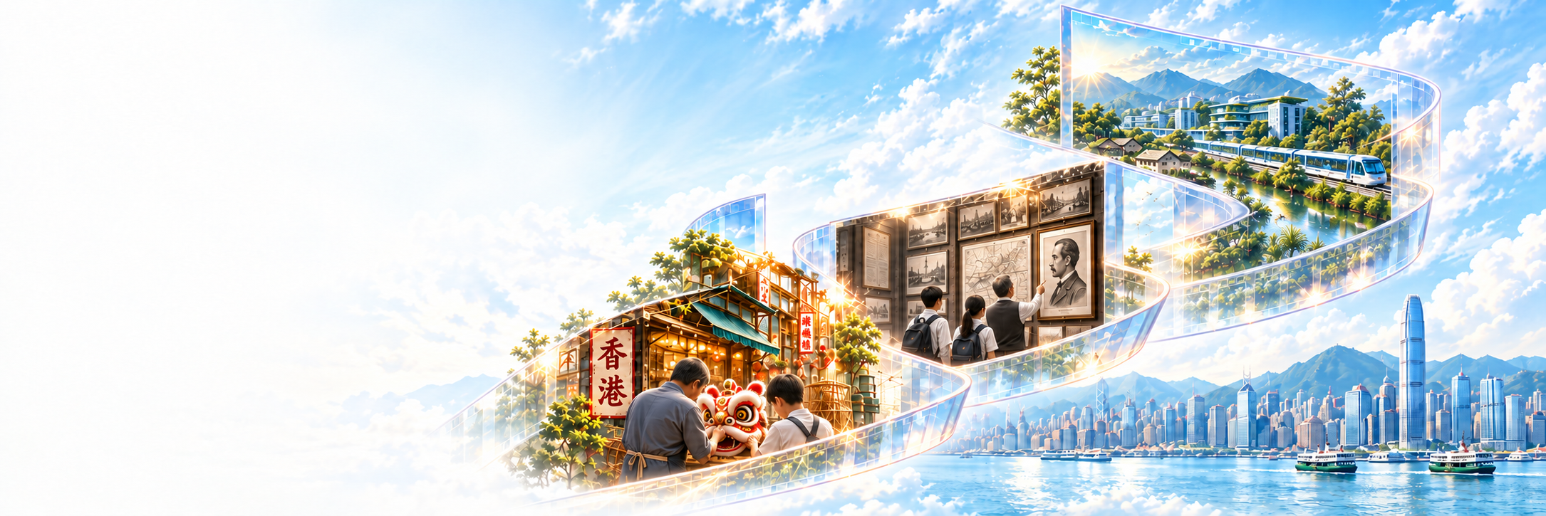 依海報設計的 S 形透明菲林，串連傳統工藝店舖、歷史展館及綠色校園。